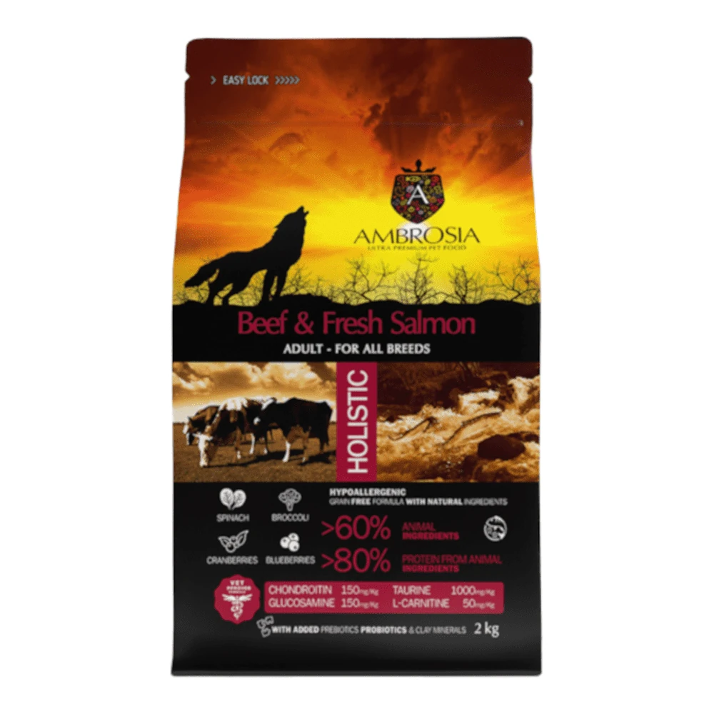 מזון כלבים ללא דגנים אמברוסיה AMBROSIA בקר וסלמון מזון כלבים ללא דגנים אמברוסיה AMBROSIA בקר וסלמון