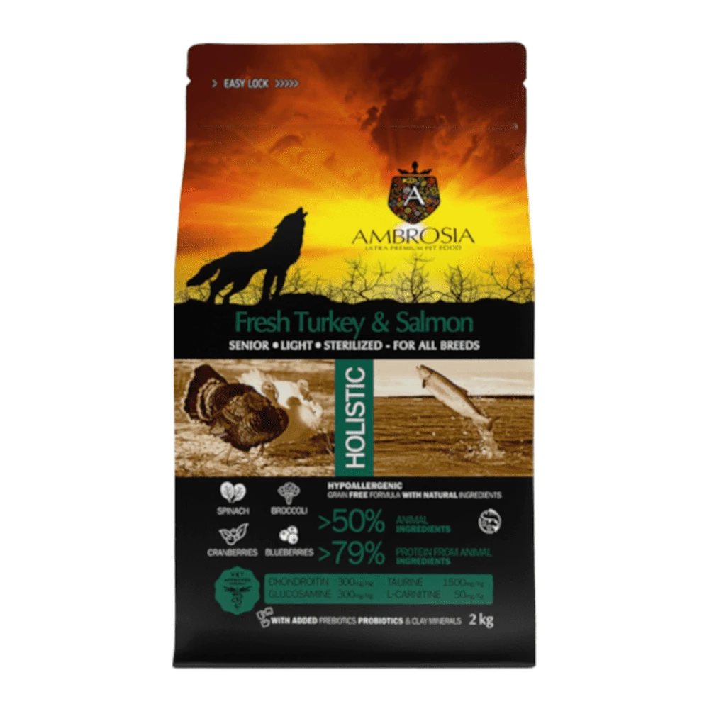 אוכל כלבים אמברוסיה AMBROSIA לייט/סניור הודו וסלמון