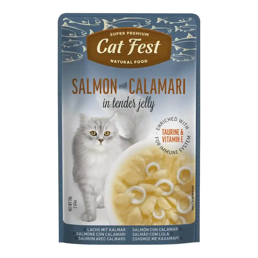 מעדן לחתול קאט פסט Cat Fest נתחי סלמון וקלמרי בג‘לי