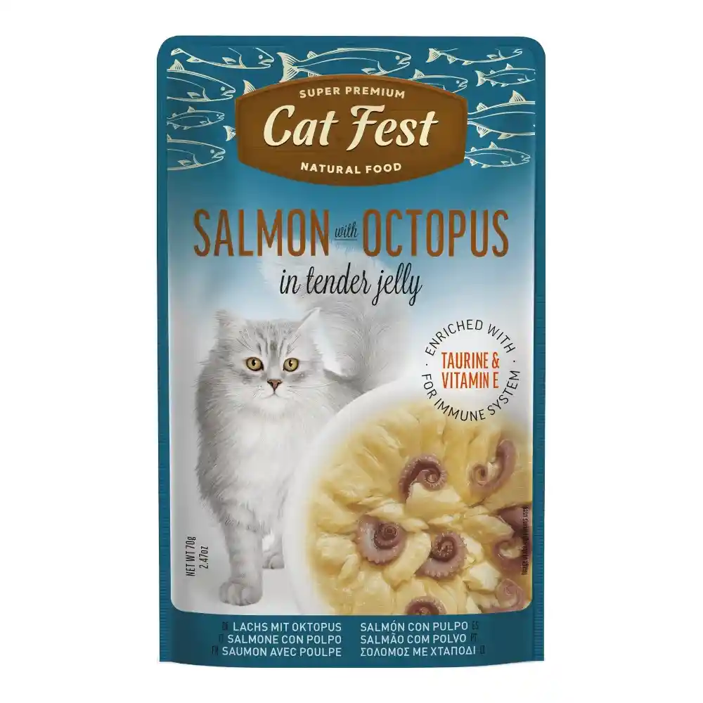 מעדן לחתול קאט פסט Cat Fest נתחי סלמון ותמנון בג‘לי