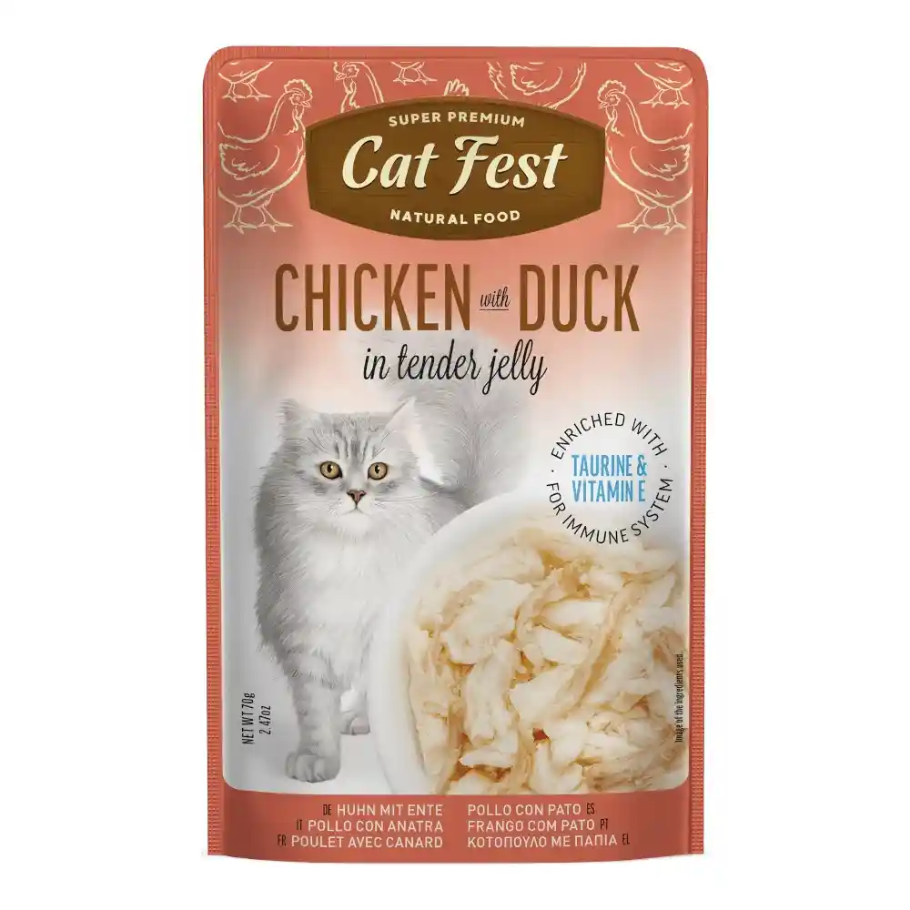 מעדן לחתול קאט פסט Cat Fest נתחי עוף וברווז בג‘לי