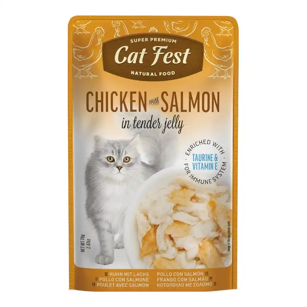 מעדן  קאט פסט Cat Fest נתחי עוף וסלמון בג‘לי