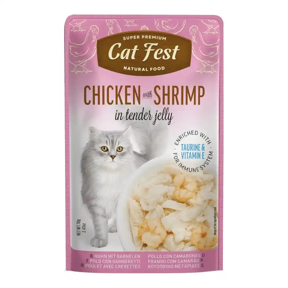 מעדן חתול קאט פסט Cat Fest נתחי עוף ושרימפס בג‘לי